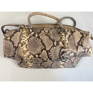Michael Kors Python Embossed Leather Satchel Handbag Tan Brown Gold Tone MK Logo